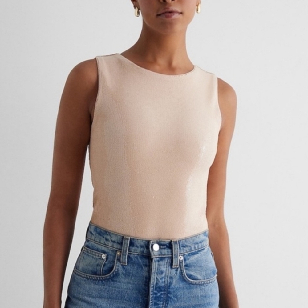 Express‎ Elevated Cream Sequin Sleeveless Crew Ne… - image 3